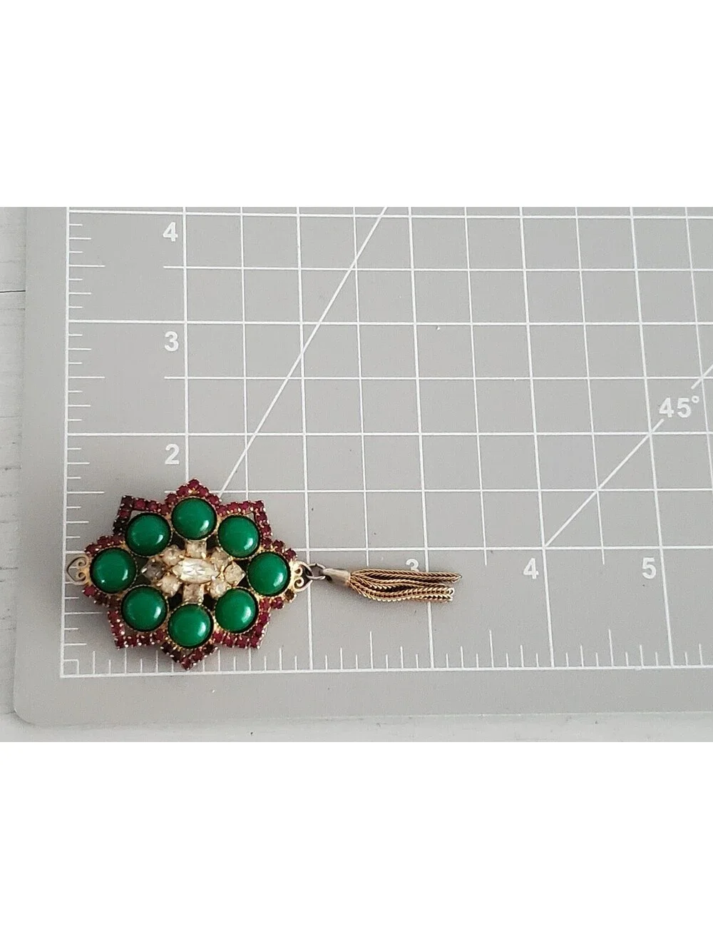 Vintage Green Cabochons Purple Rhinestone Mesh Dangle Brooch